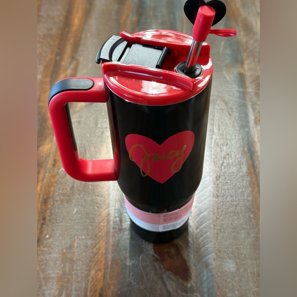 Juicy Couture Stainless Steel 30oz Insulated Tumbler Black Red Heart Straw NWT